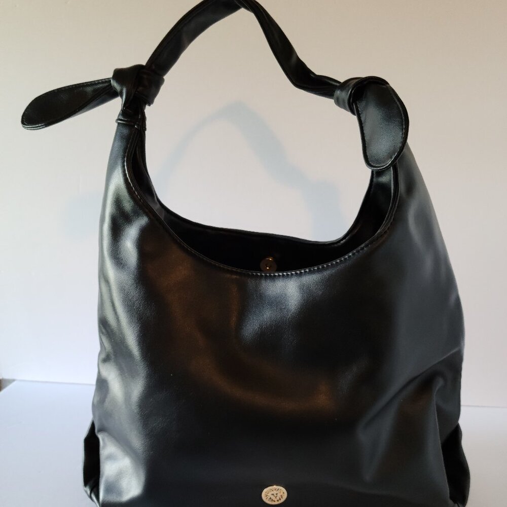 ANNE KLEIN FAUX BLACK LEATHER SOFT KNOT BOHO SLOUCHY SHOULDER BAG-BLACK-OS